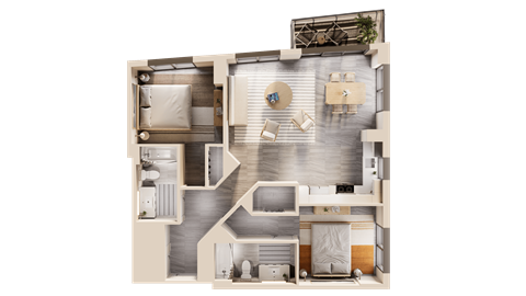 Floor plan for 2 beds, 2 baths, 1063 sqft